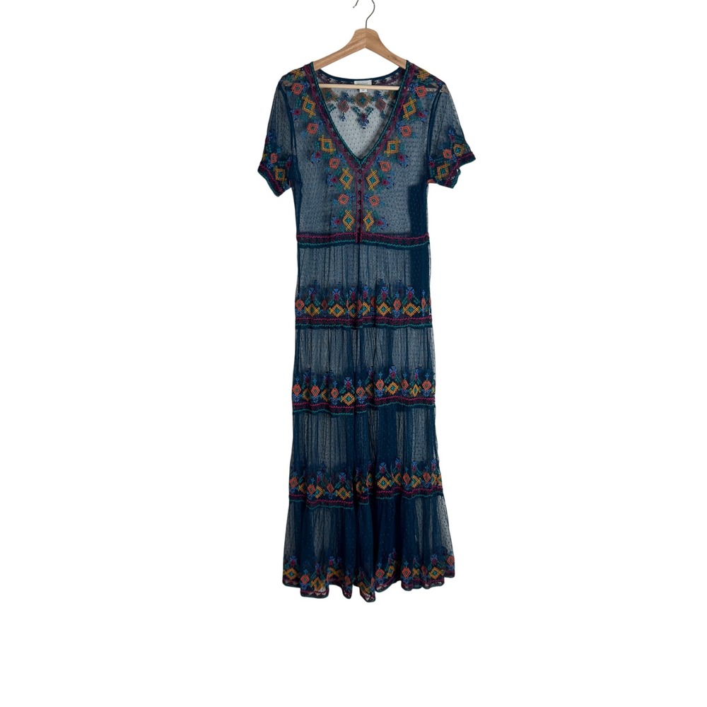 Sundance Maxi Dress Women's Embroidered Mesh Sheer Boho Teal Large